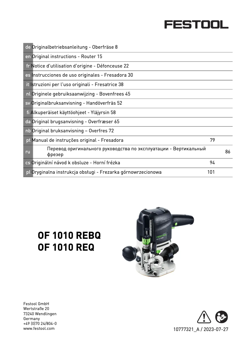 Page 1 de la notice Manuel utilisateur Festool OF 1010 R