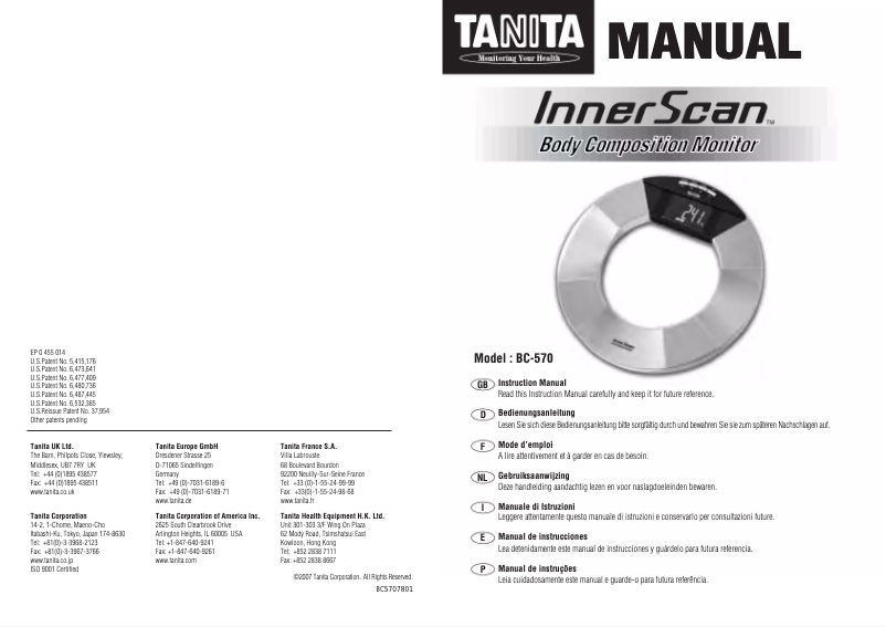 Page 1 de la notice Manuel utilisateur Tanita InnerScan BC-570