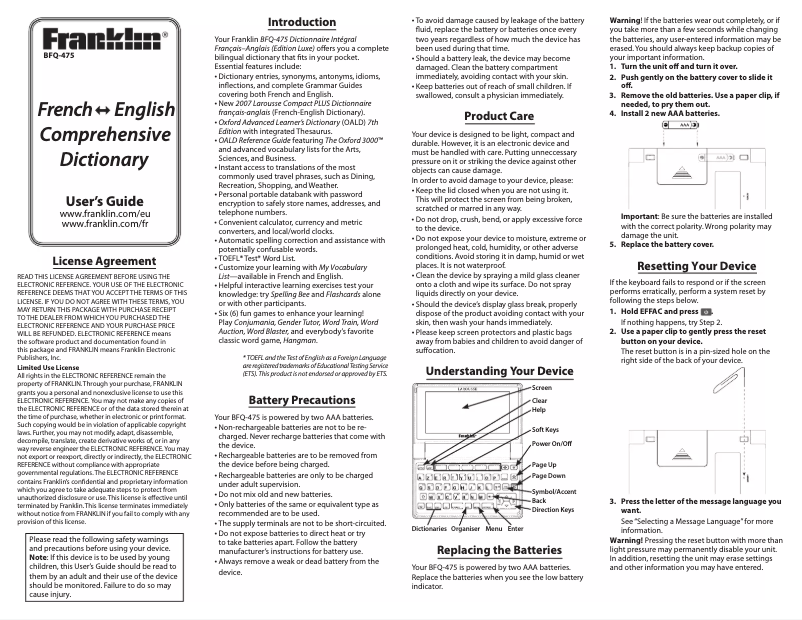 Page 1 de la notice Manuel utilisateur Franklin BFQ-475