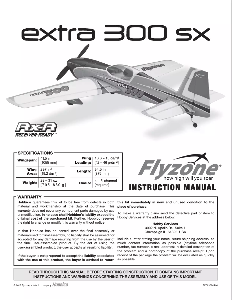 Page 1 de la notice Manuel utilisateur Flyzone Extra 300 SX