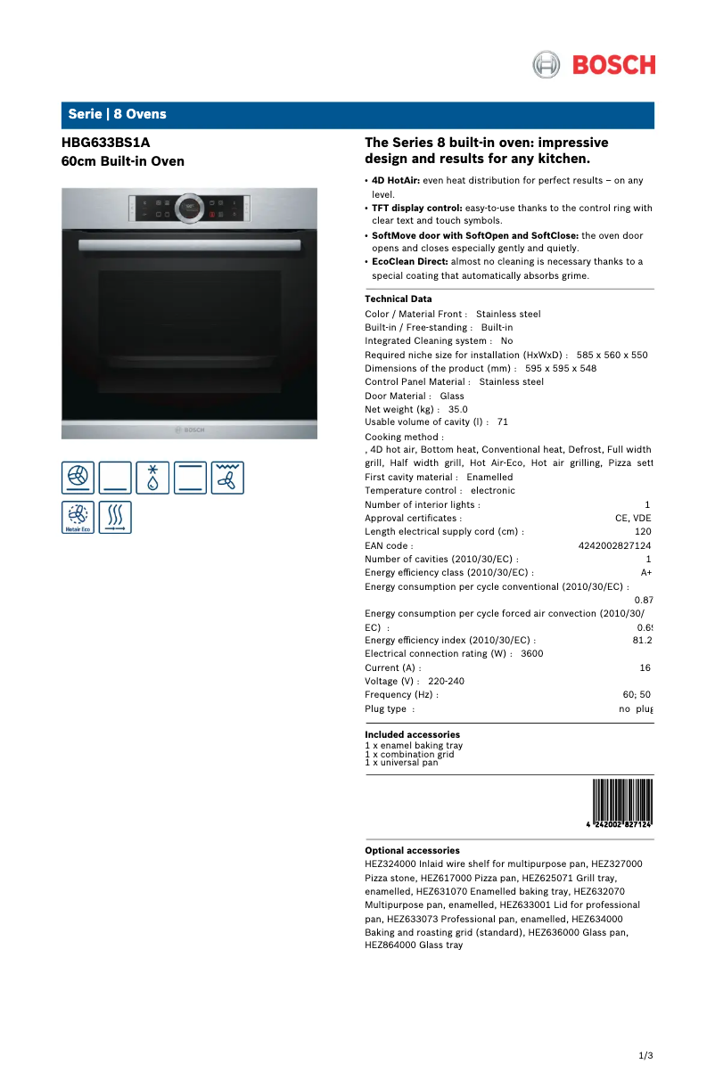 Page 1 de la notice Fiche technique Bosch HBG633BS1A