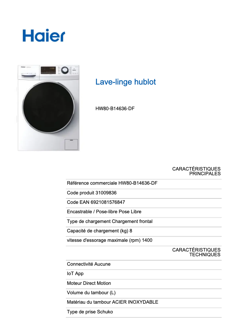 Page 1 of the manual Technical Sheet Haier HW80-B14636