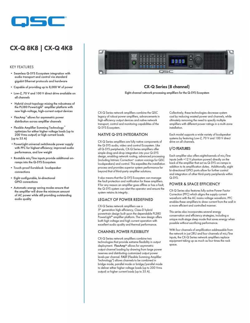 Page 1 de la notice Fiche technique QSC CX-Q 8K8