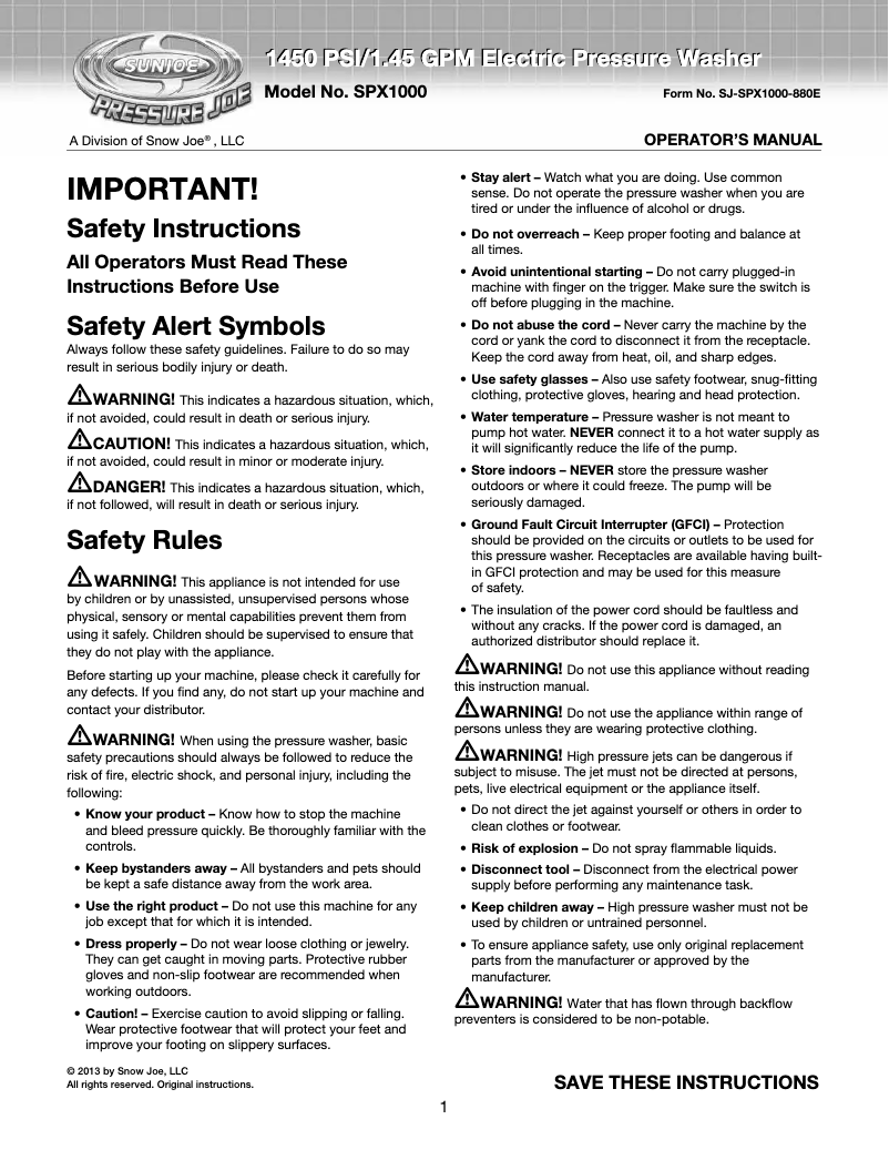 Page 1 de la notice Manuel utilisateur Snow Joe Pressure Joe SPX1000