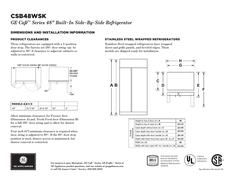 Page n°1 - Fiche technique GE Café CSB48WSKSS