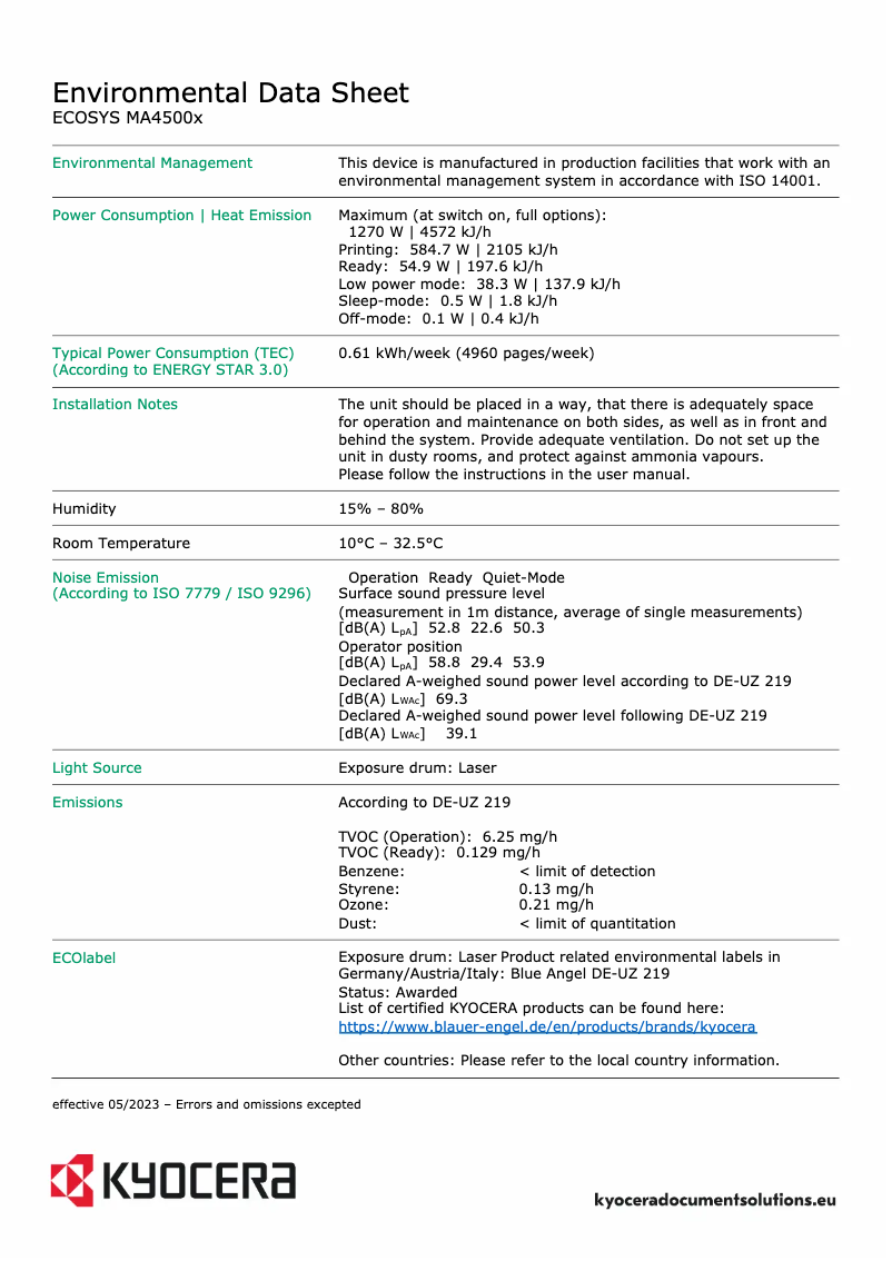 Page 1 de la notice Fiche technique Kyocera ECOSYS MA4500x