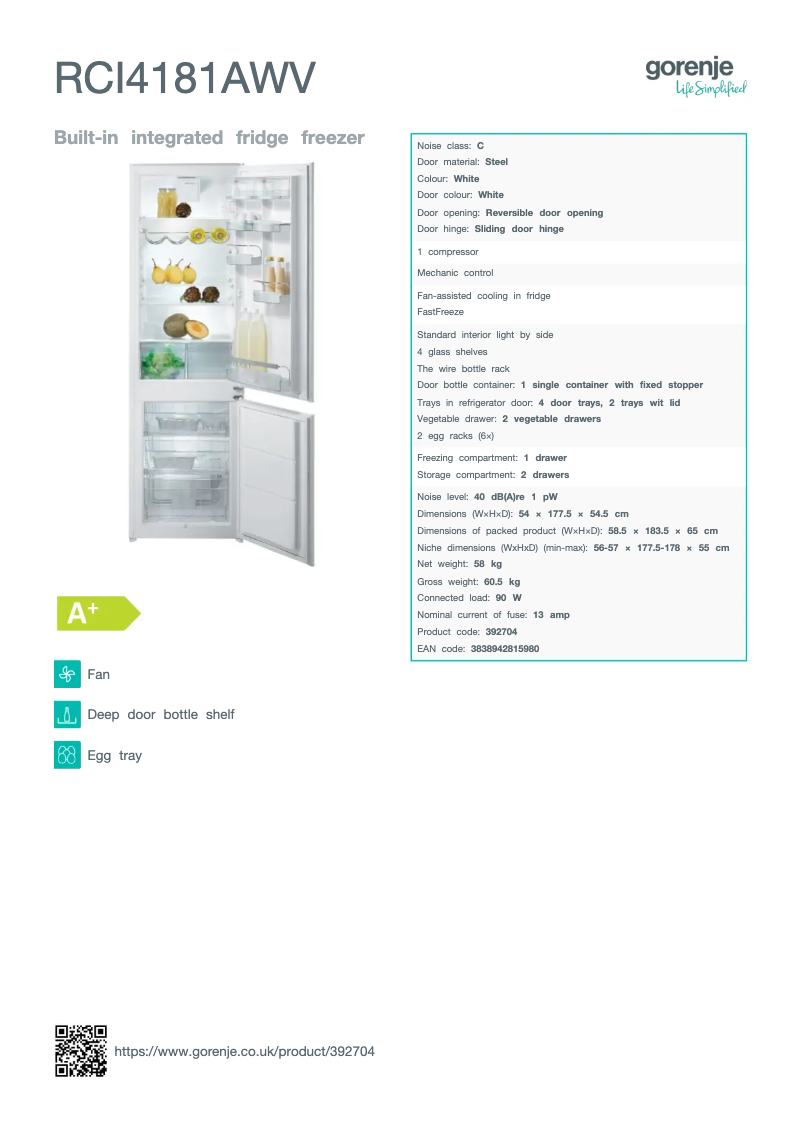Page n°1 - Fiche technique Gorenje RCI4181AWV