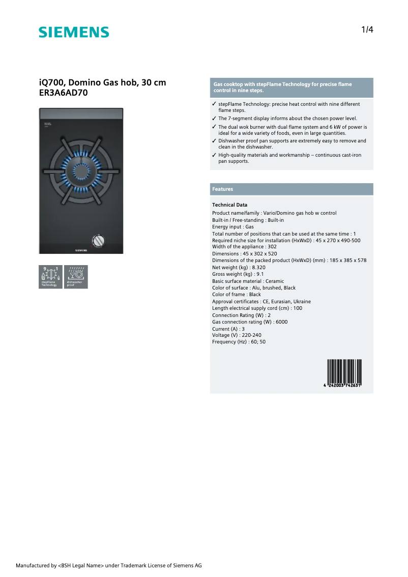 Page 1 de la notice Fiche technique Siemens ER3A6AD70