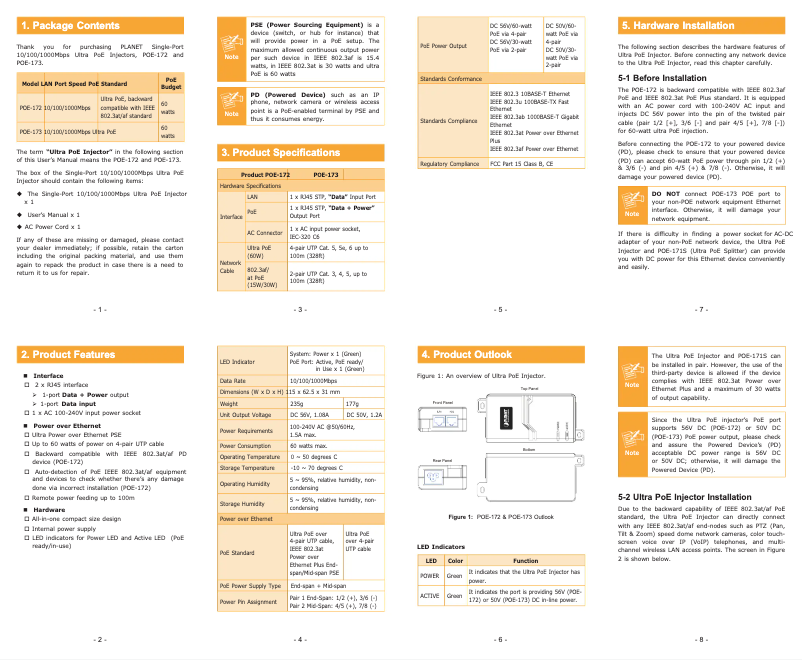 Page 1 de la notice Manuel utilisateur Planet POE-173