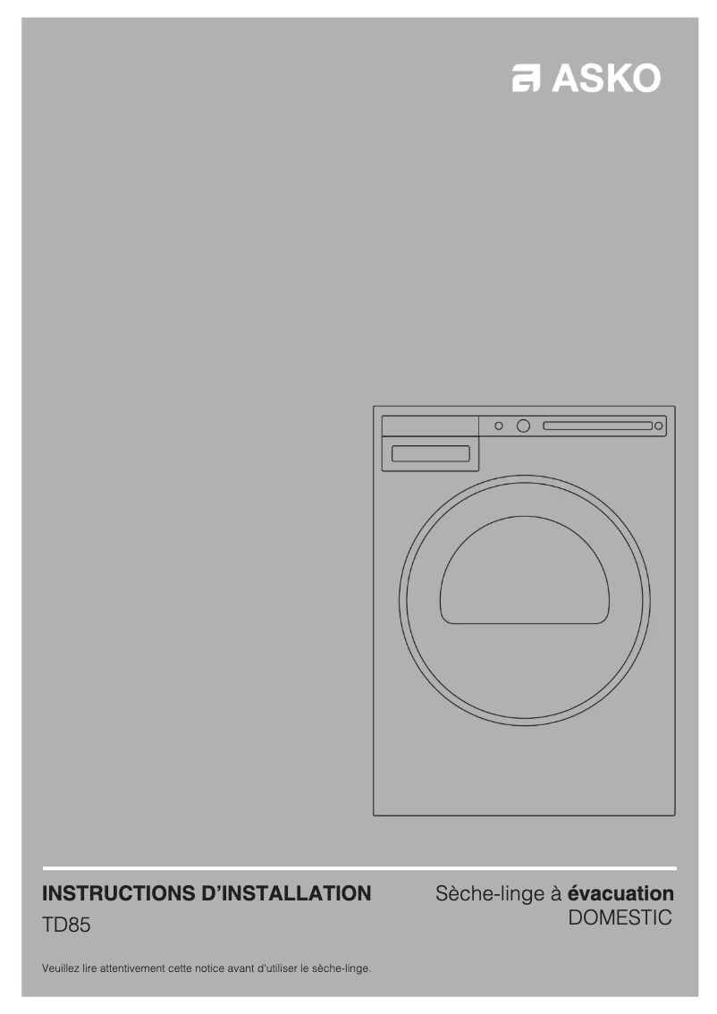 Page 1 de la notice Guide d'installation Asko T411VD.T.U