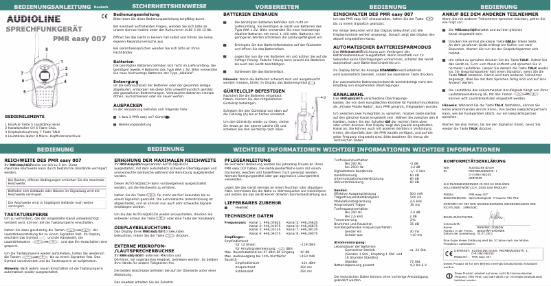 Page 1 de la notice Manuel utilisateur Audioline PMR easy 007