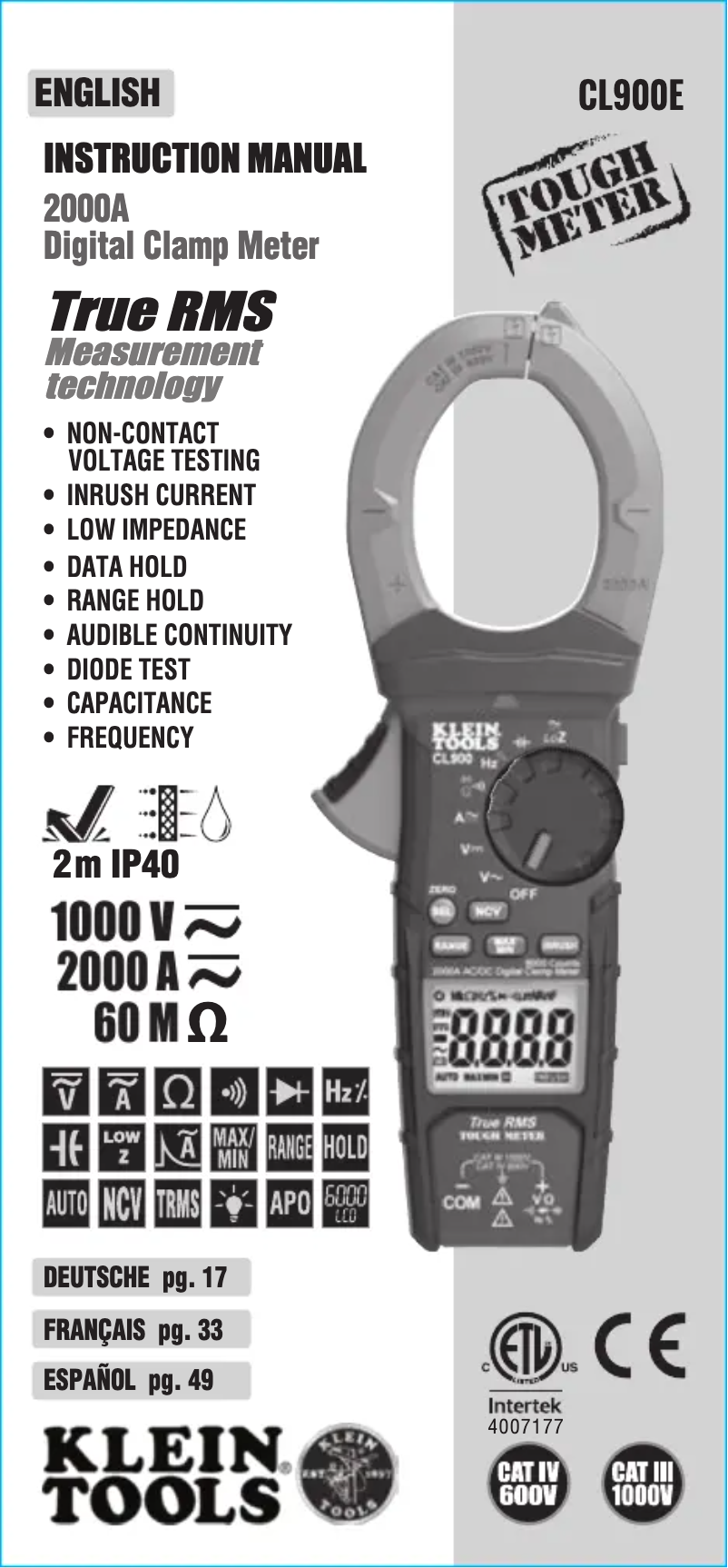 Page n°1 - Manuel utilisateur Klein Tools CL900