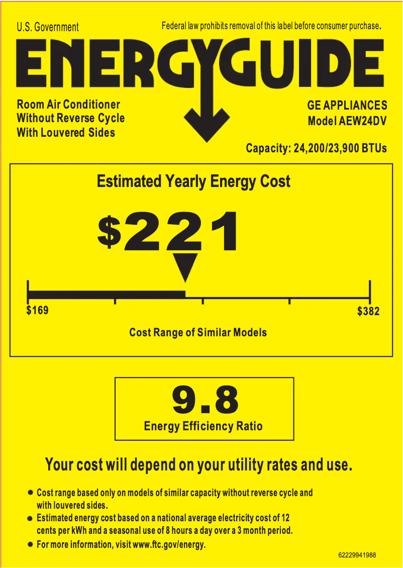 Page 1 de la notice Label énergétique GE AEW24DV