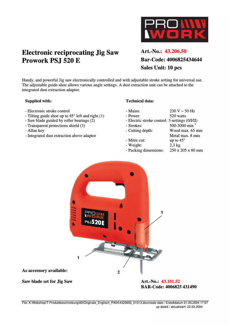 Page n°1 - Fiche technique Prowork PSJ 520 E