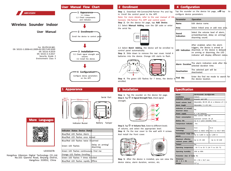 Page n°1 - Manuel utilisateur Hikvision DS-PS110-WB