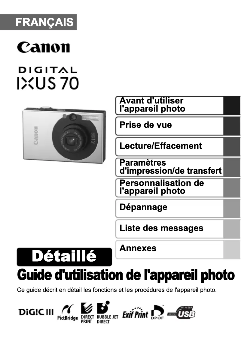 Image de la première page du manuel de l'appareil Digital IXUS 70