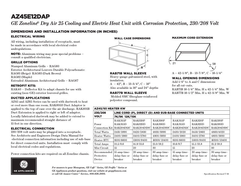 Page 1 de la notice Fiche technique GE AZ45E12DAP