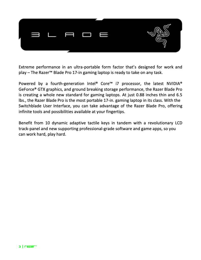 Page 1 de la notice Manuel utilisateur Razer Blade Pro 17inch (2013)