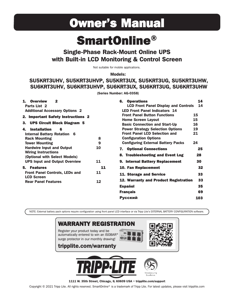 Page 1 de la notice Manuel utilisateur Tripp Lite SU5KRT3UG