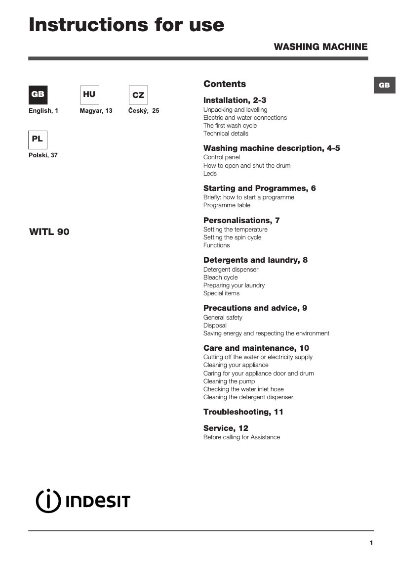 Image de la première page du manuel de l'appareil WITL 90 (EU)