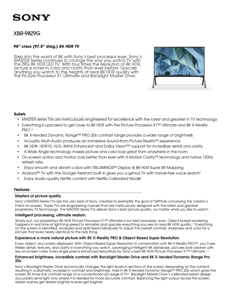 Page 1 de la notice Fiche technique Sony XBR-98Z9G