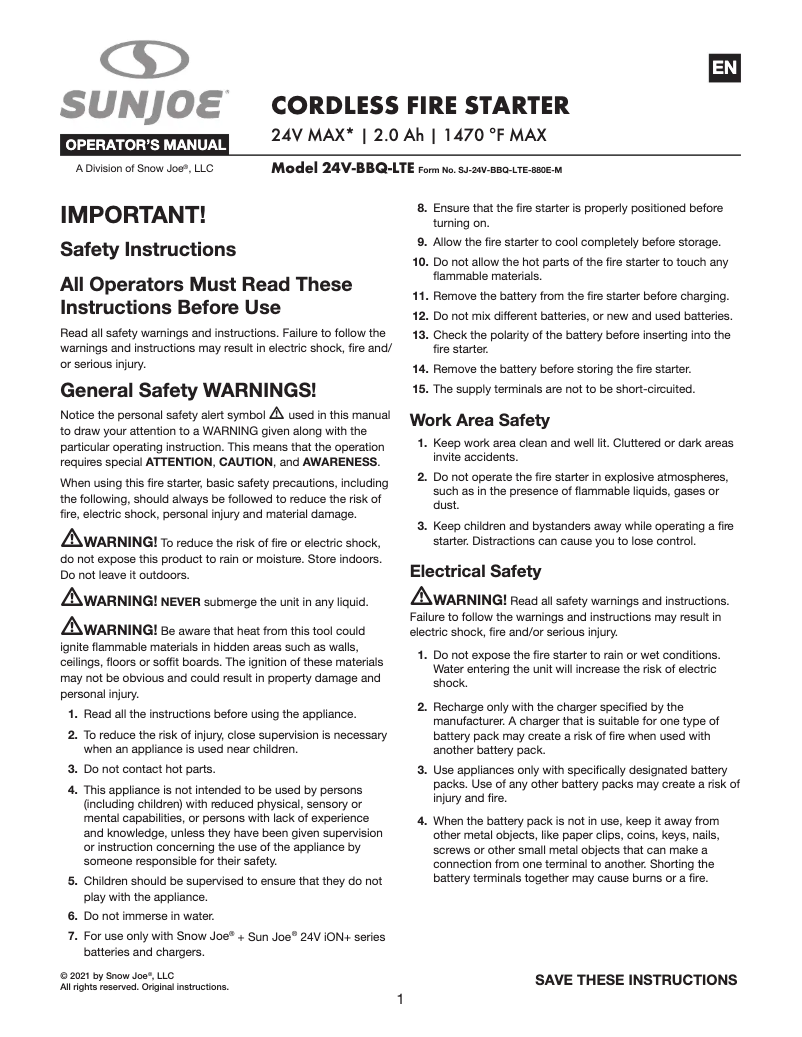 Page 1 de la notice Manuel utilisateur Sun Joe 24V-BBQ-LTE