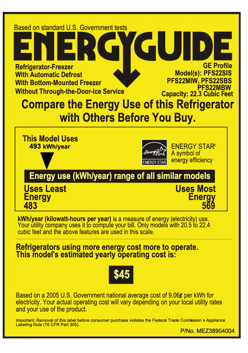 Page 1 de la notice Label énergétique GE PFS22MIWBB