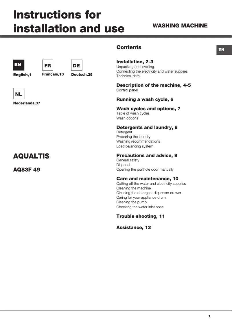 Page n°1 - Manuel utilisateur Hotpoint Ariston AQ83F 49