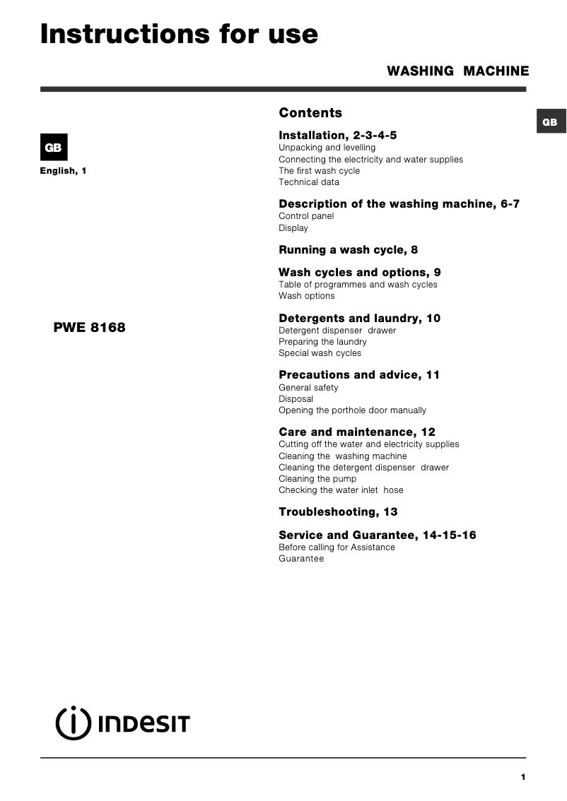 Page 1 de la notice Manuel utilisateur Indesit PWE 8168 S (UK)