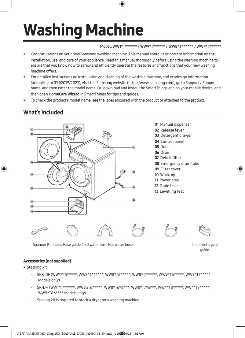 Page n°1 - Guide de démarrage rapide Samsung WW90T554DAW