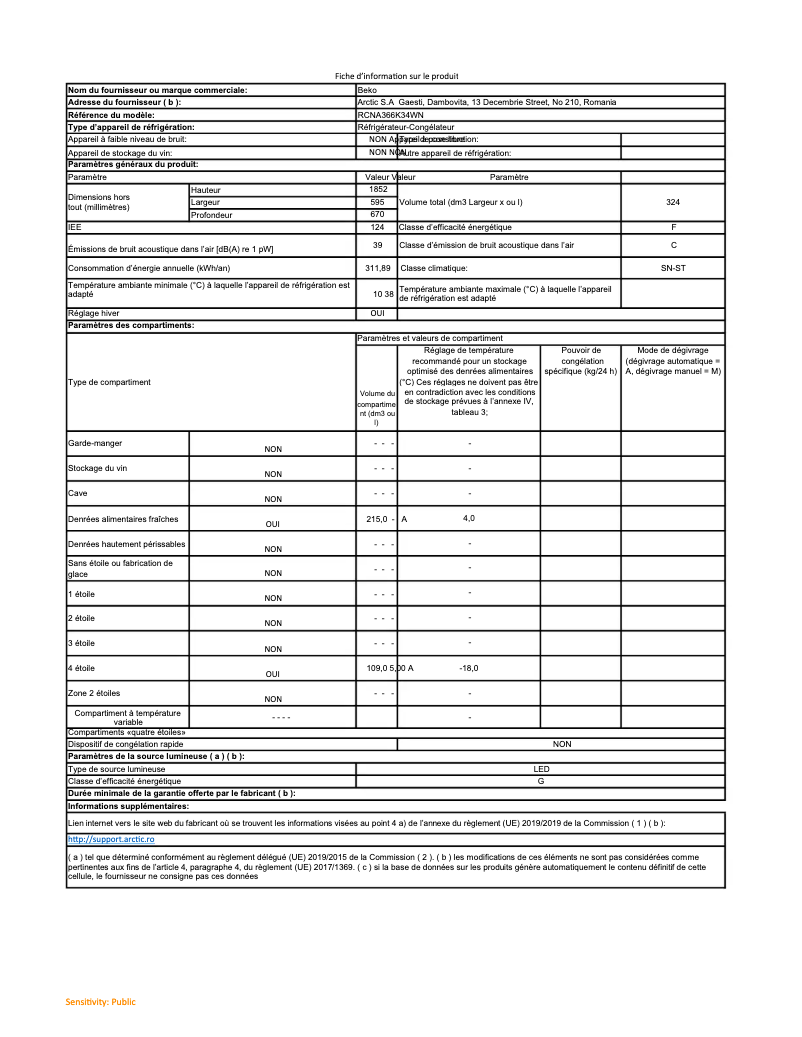 Page 1 de la notice Fiche technique Beko RCNA366K34WN