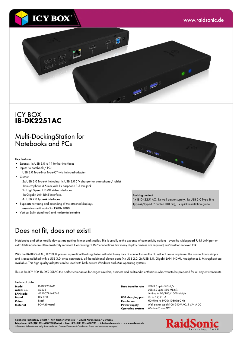 Page 1 de la notice Fiche technique Icy Box IB-DK2251AC