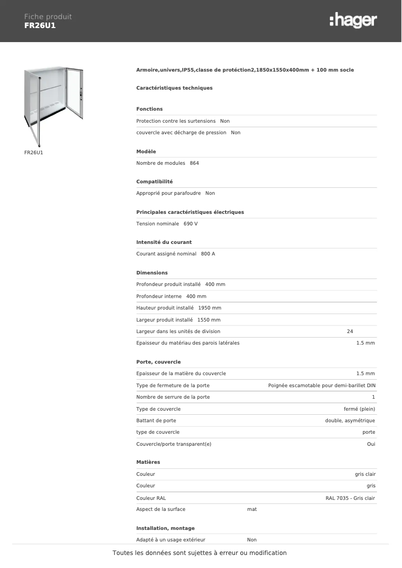 Page 1 de la notice Fiche technique Hager FR26U1