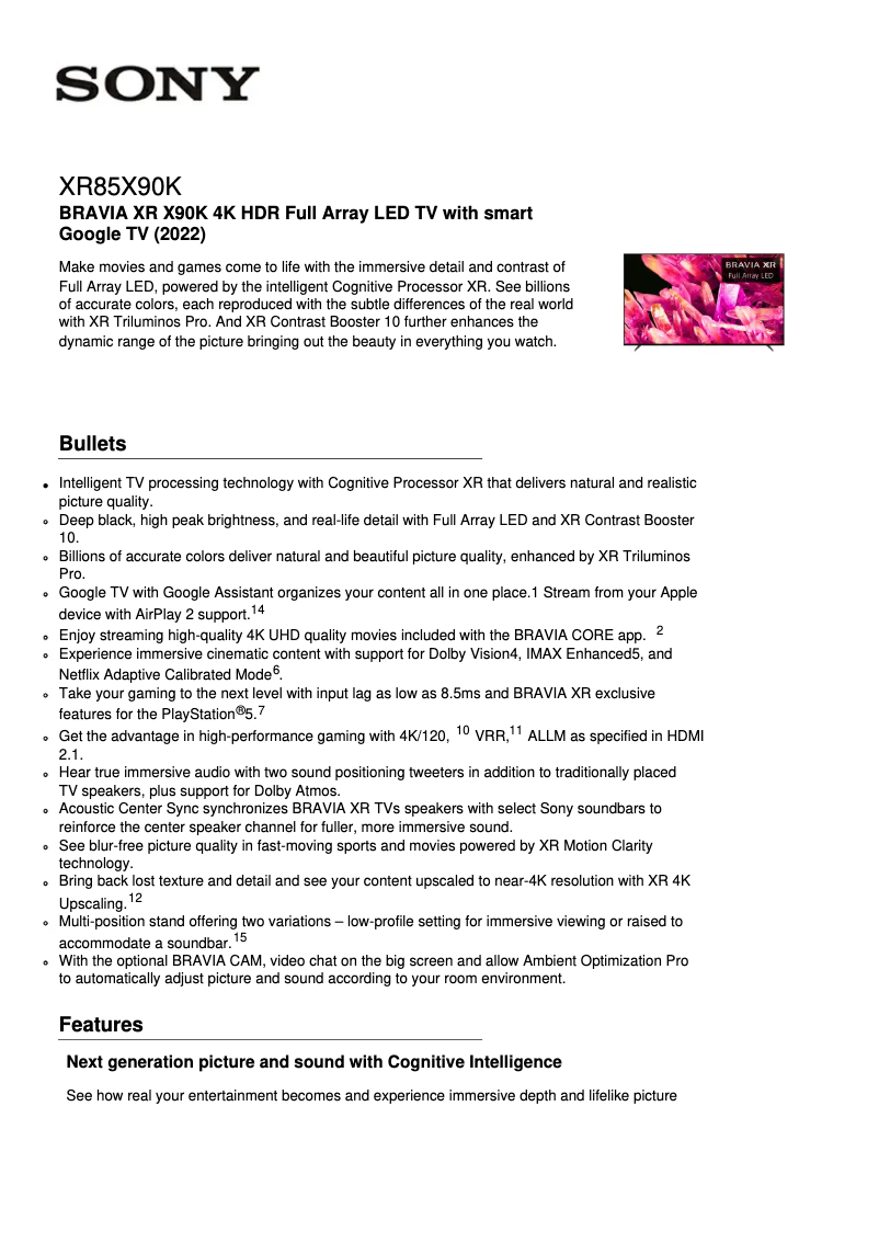 Página 1 del manual Ficha técnica Sony XR-85X90K