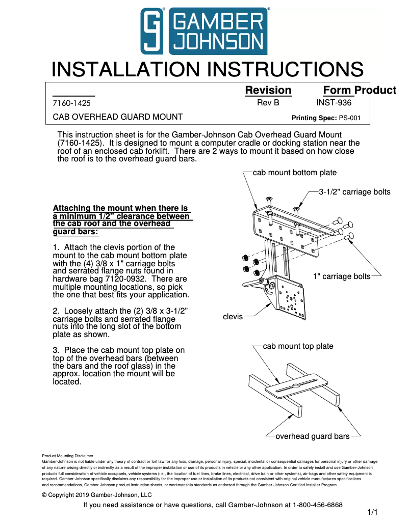 Page n°1 - Manuel utilisateur Gamber-Johnson 7160-1425