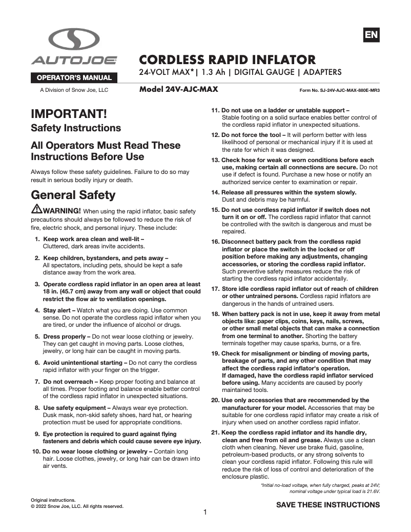 Page 1 de la notice Manuel utilisateur Auto Joe 24V-AJC-MAX