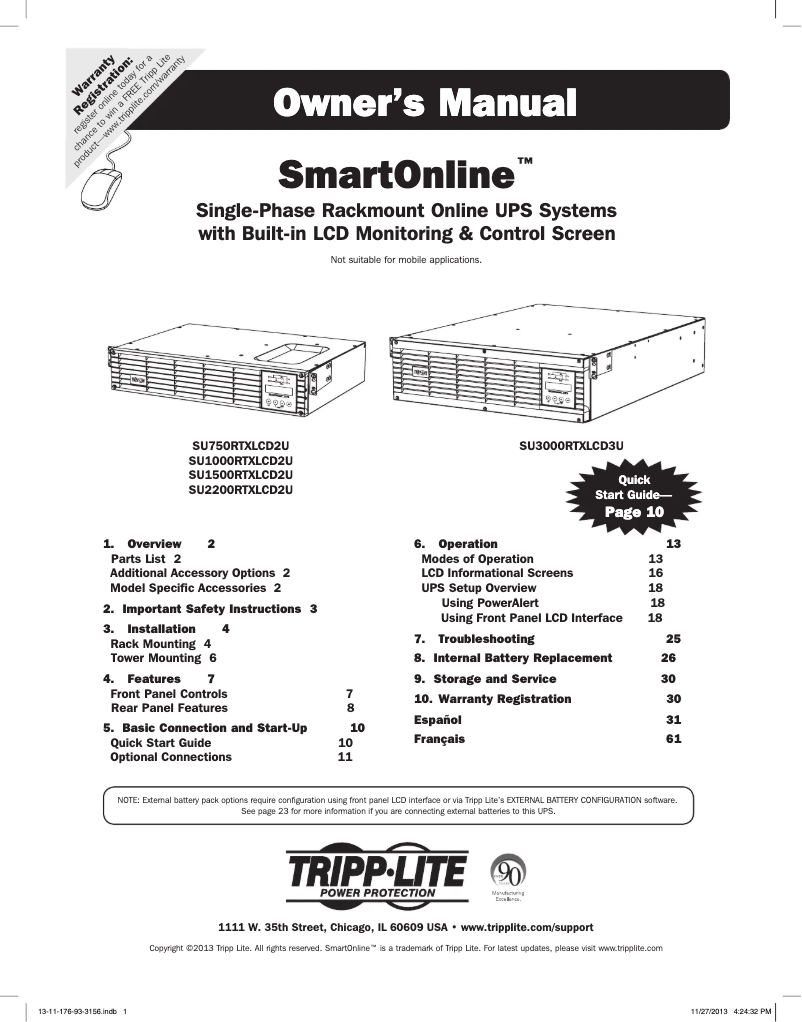 Page 1 de la notice Manuel utilisateur Tripp Lite SmartOnline SU2200RTXLCD2U