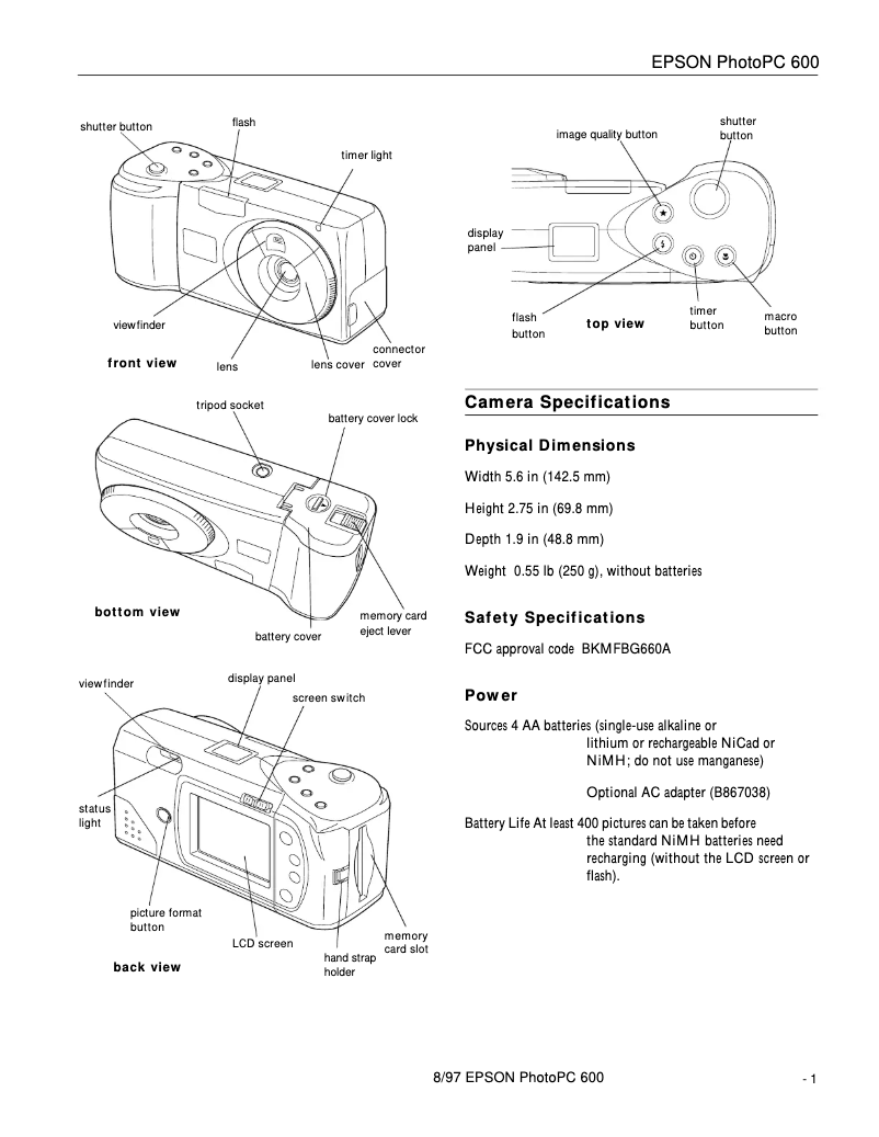 Page 1 de la notice Fiche technique Epson PhotoPC 600