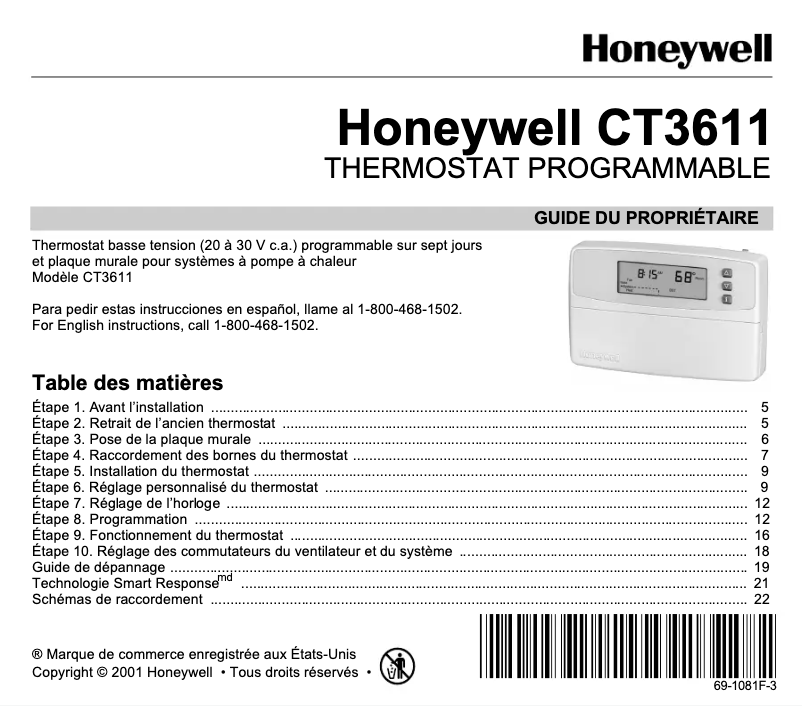 Page 1 de la notice Manuel utilisateur Honeywell CT3611