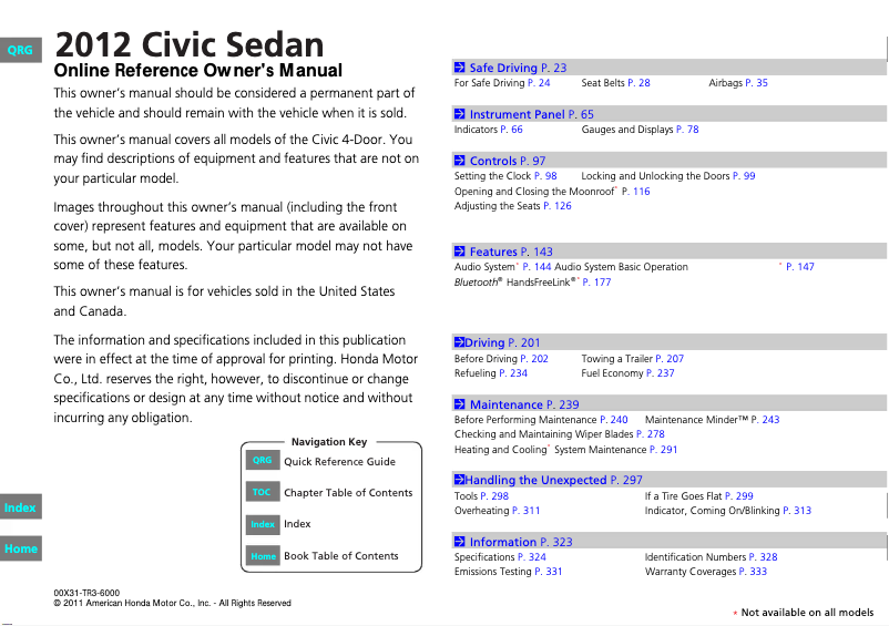 Page 1 de la notice Manuel utilisateur Honda Civic Sedan (2012)