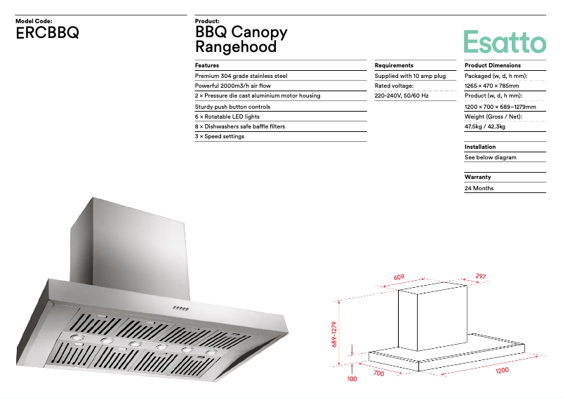 Page 1 de la notice Fiche technique Esatto ERCBBQ