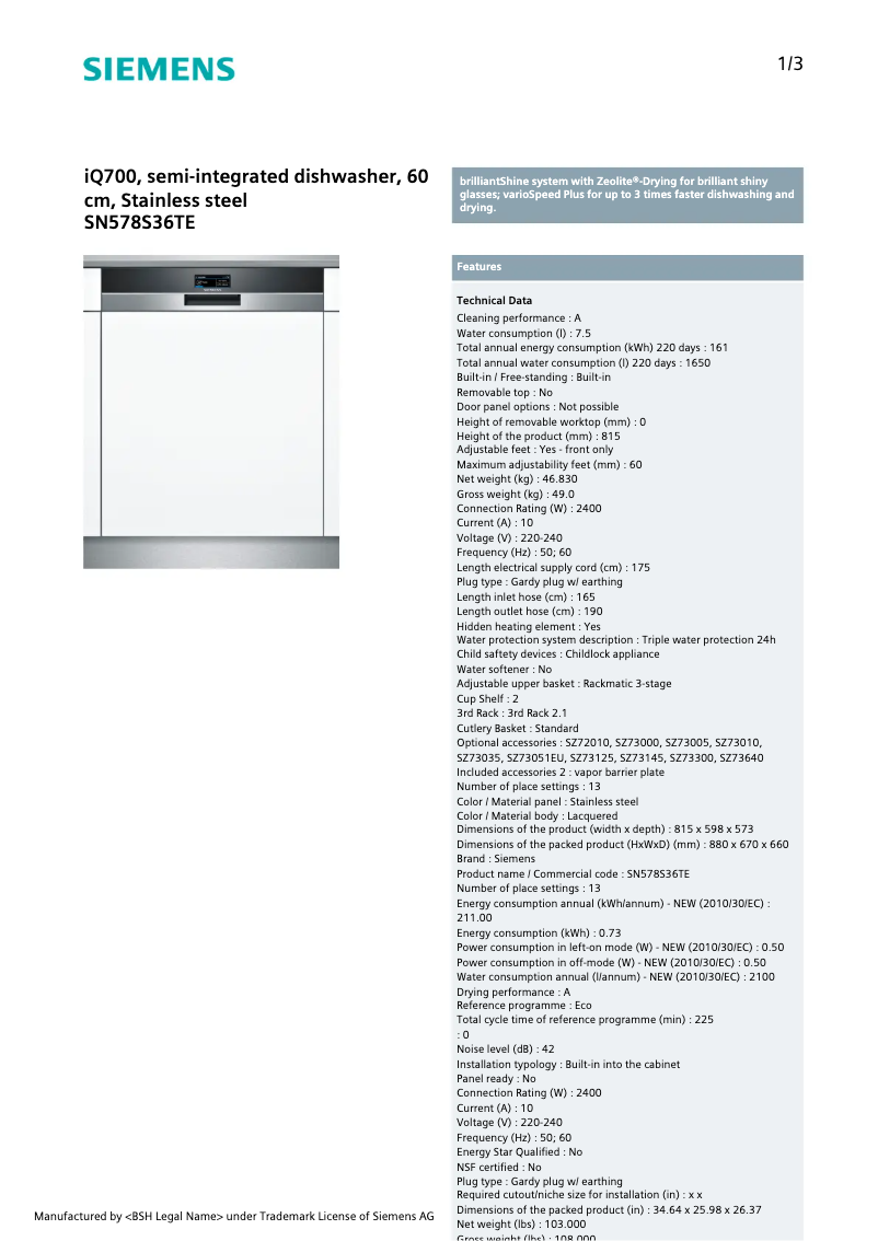 Page 1 de la notice Fiche technique Siemens SN578S36TE