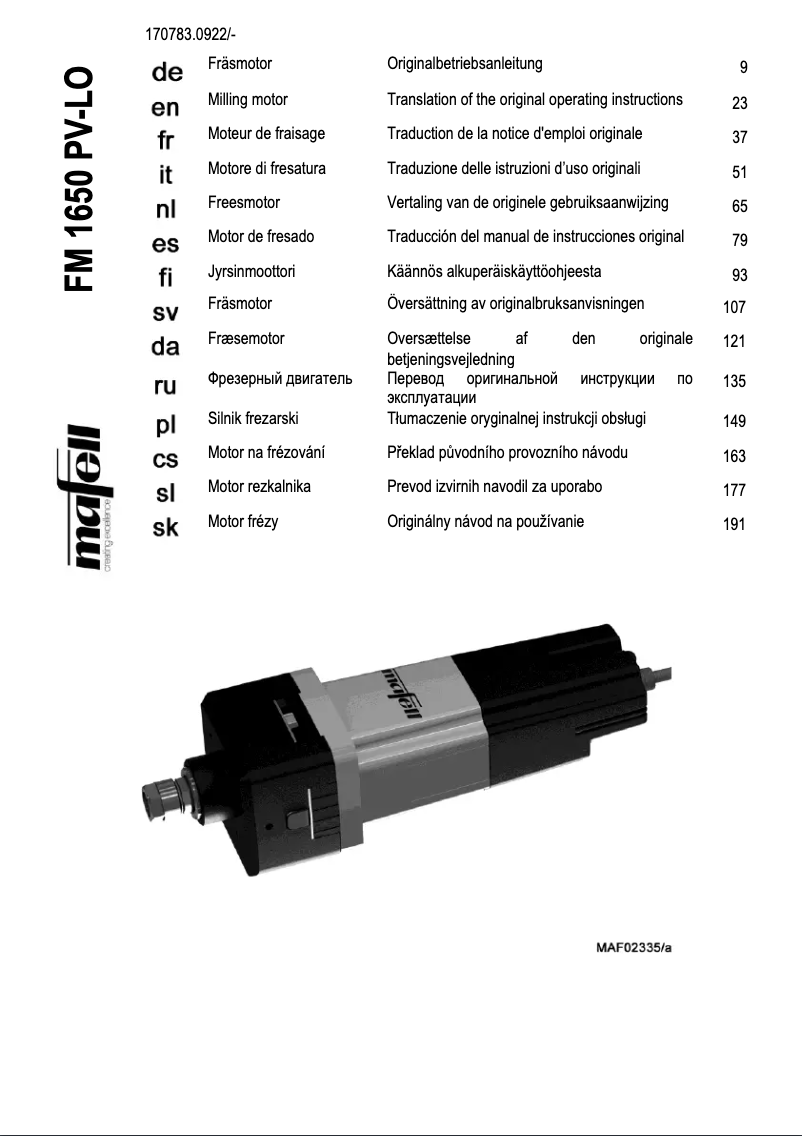 Page n°1 - Manuel utilisateur Mafell FM 1650 PV-LO