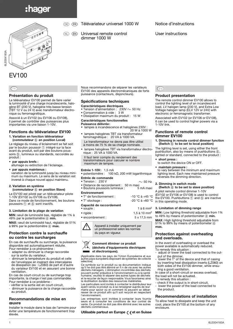 Page n°1 - Manuel utilisateur Hager EV100