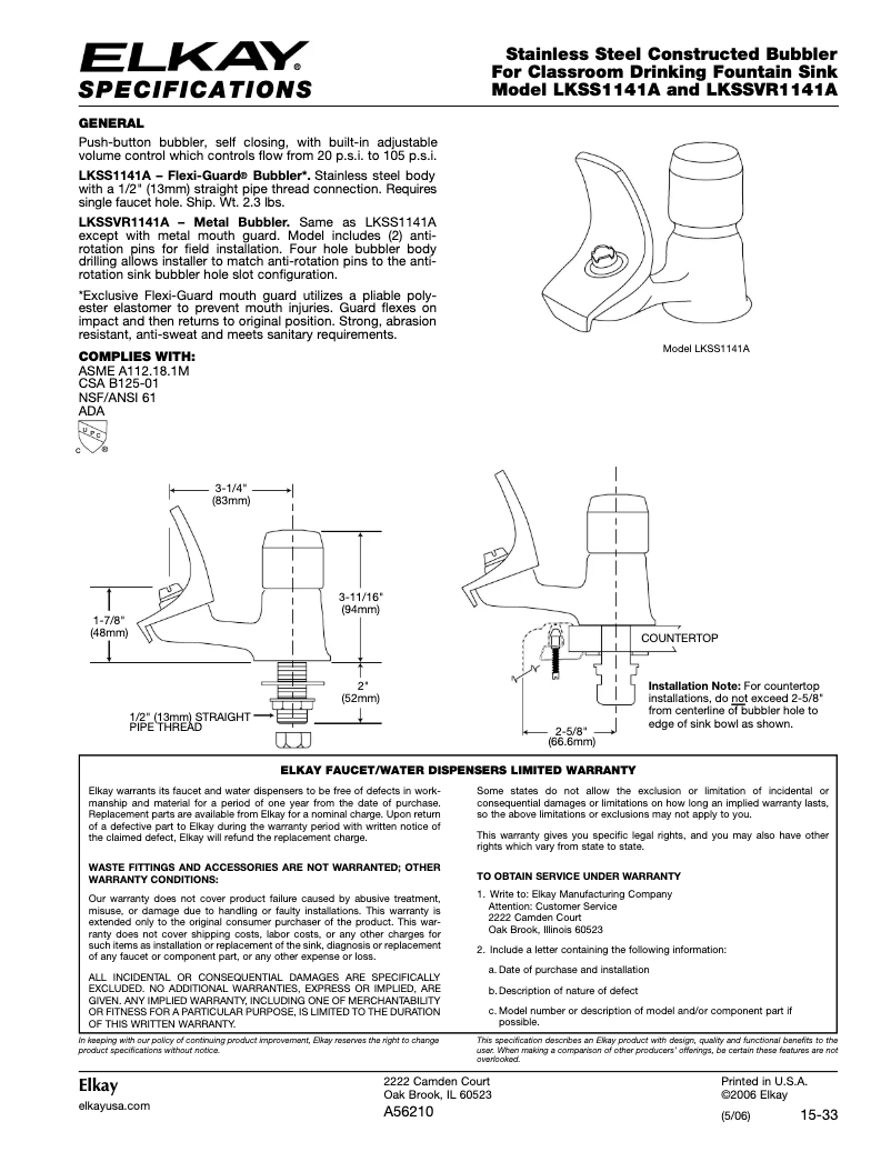 Page n°1 - Manuel utilisateur Elkay LKSS1141A