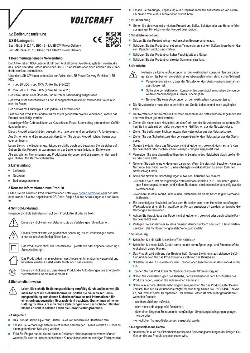 Page 1 de la notice Manuel utilisateur Voltcraft USBC-90