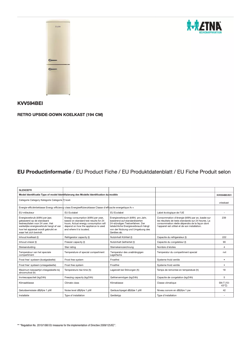Page 1 de la notice Fiche technique Etna KVV594BEI