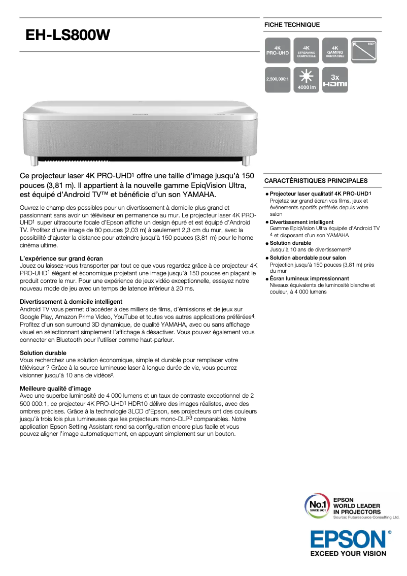 Page 1 de la notice Manuel utilisateur Epson EH-LS800W