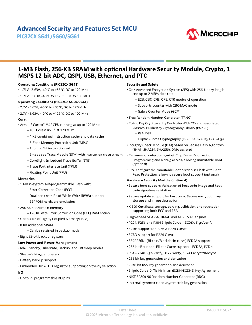 Page 1 de la notice Fiche technique Microchip PIC32CX1025SG60128