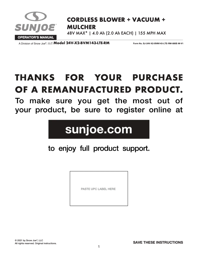 Page 1 de la notice Manuel utilisateur Sun Joe 24V-X2-BVM143-LTE-RM